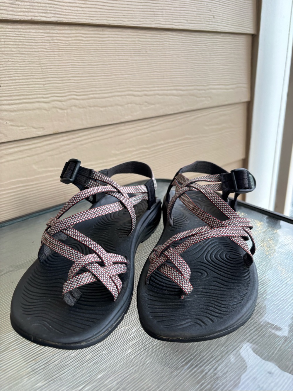 Chaco Women's Black Footbed Sandals with Taupe-Patterned Straps - Picture 2 of 7